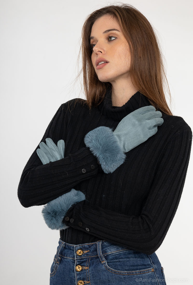 Grossiste DH DIFFUSION - Gants velours entourés de Fauxfur Tactile Femme Doublure Fourrure - Extra Chaud