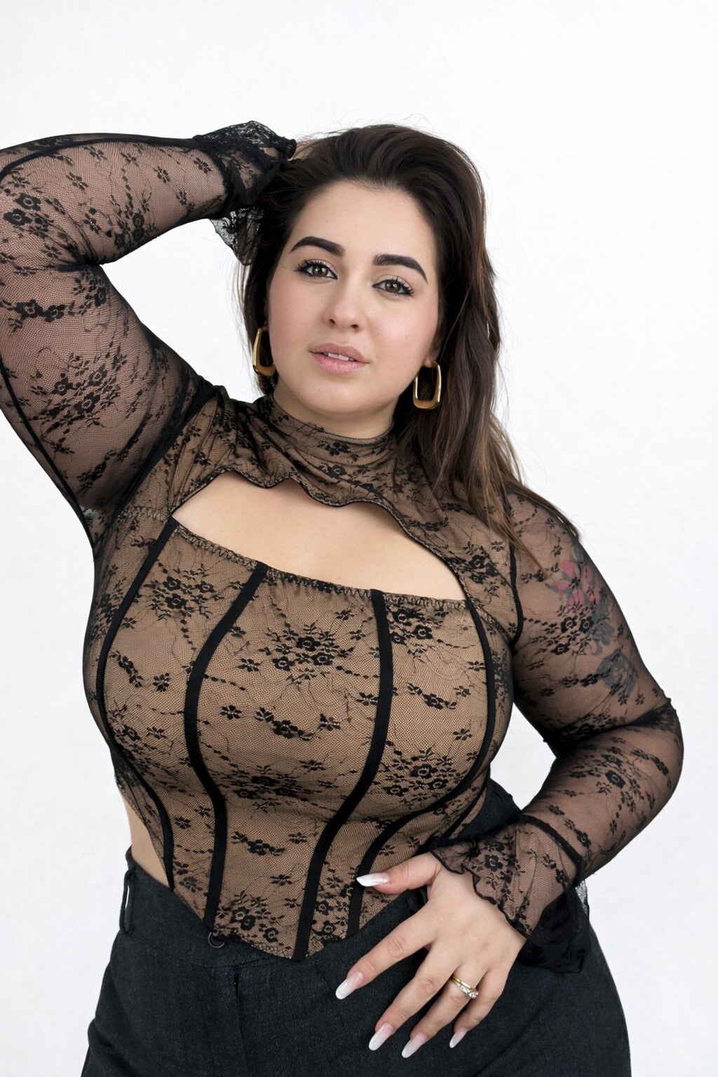 Grossista DIADEMA - Corsetto Donna Tessuto Beige con Pizzo Nero Bustier Manica Lunga Plus Size