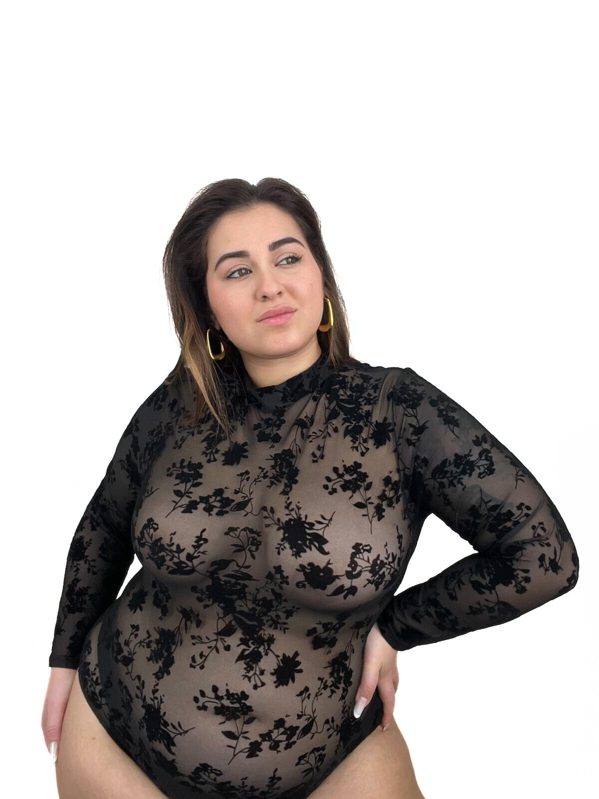 Grossista DIADEMA - Body Donna Tulle Nude con Flock Nero Manica Lunga Collo Alto Plus Size