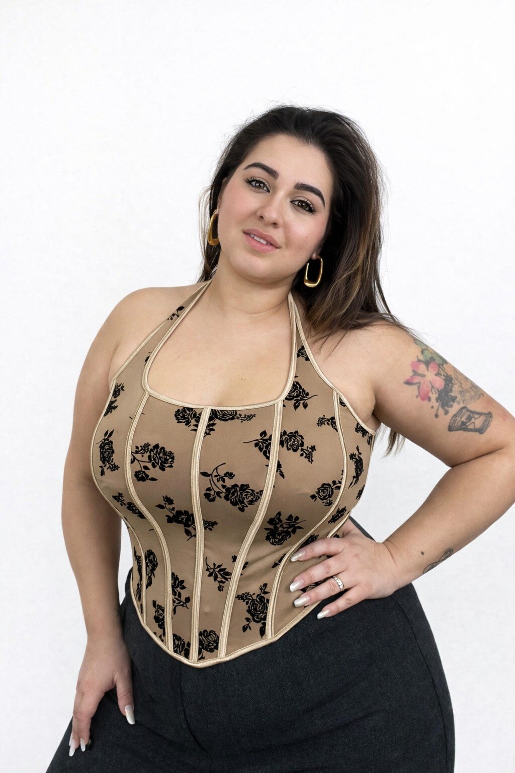 Grossiste DIADEMA - Corset Femme Tissu Élastique Floral Beige Bustier Top Grande Taille
