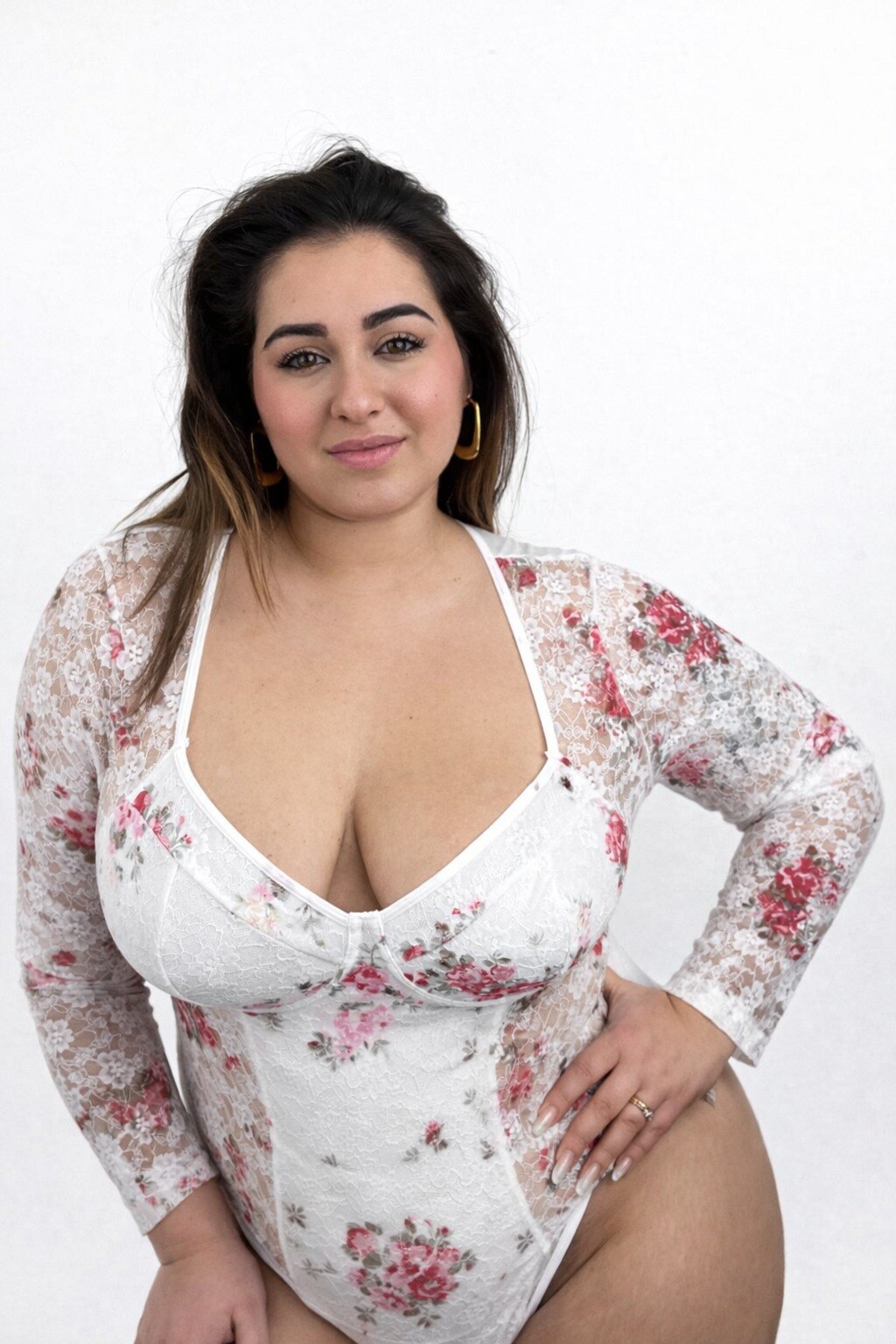 Grossiste DIADEMA - Body Femme Grande Taille Dentelle Élastique Blanc Floral Manches Longues Lingerie