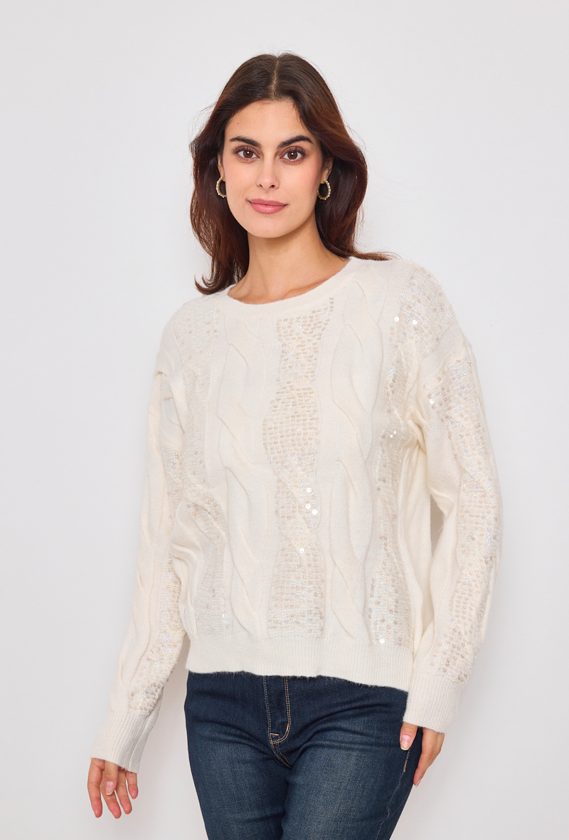 Wholesaler DIVA TEX KNITWEAR - Sweater with braided pattern and sequins - wool