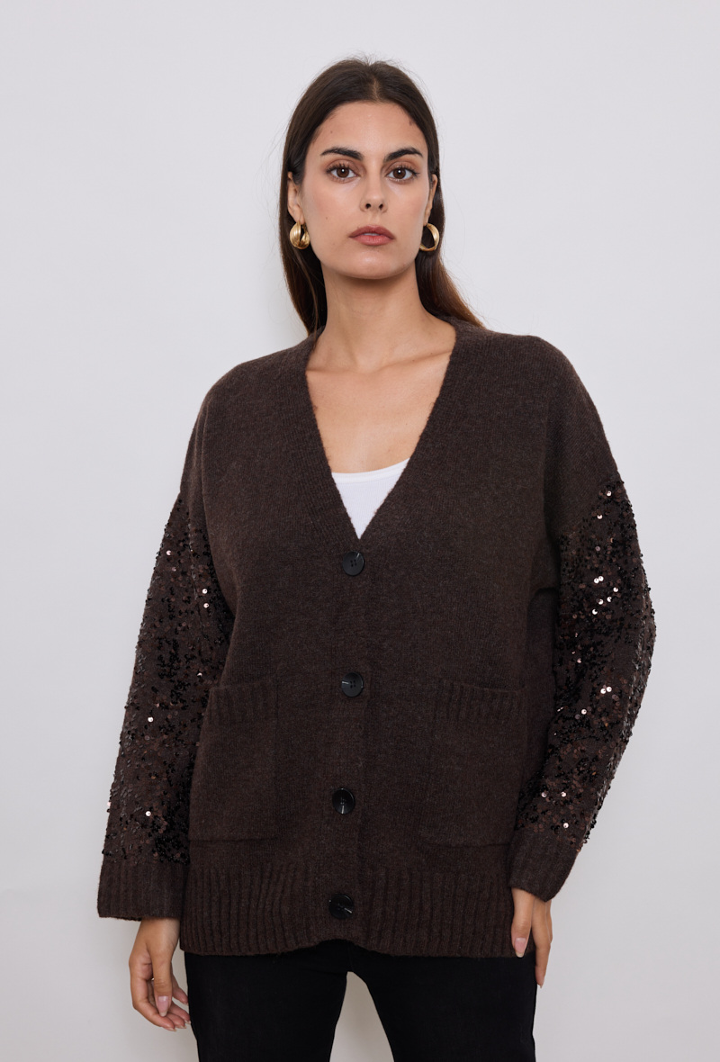Wholesaler DIVA TEX KNITWEAR - Long cardigan with sparkling sequin sleeves
