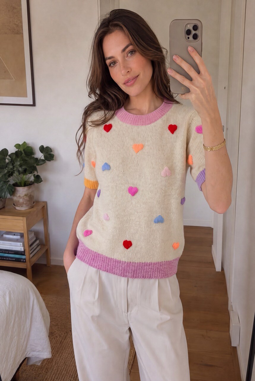 Grossiste DIVA TEX - Pull manche court cœur multicolor
