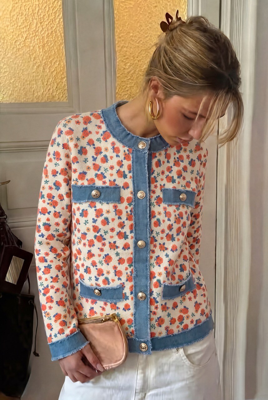 Grossiste DIVA TEX - Gilet en maille à imprimé petites fleurs avec détail en denim