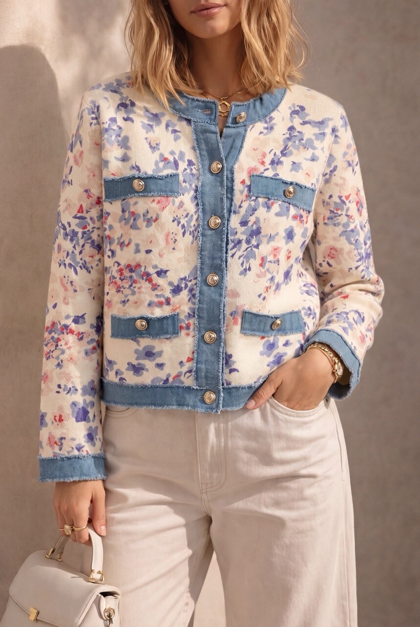 Grossiste DIVA TEX - Gilet en maille avec imprimé fleuri et détail en denim