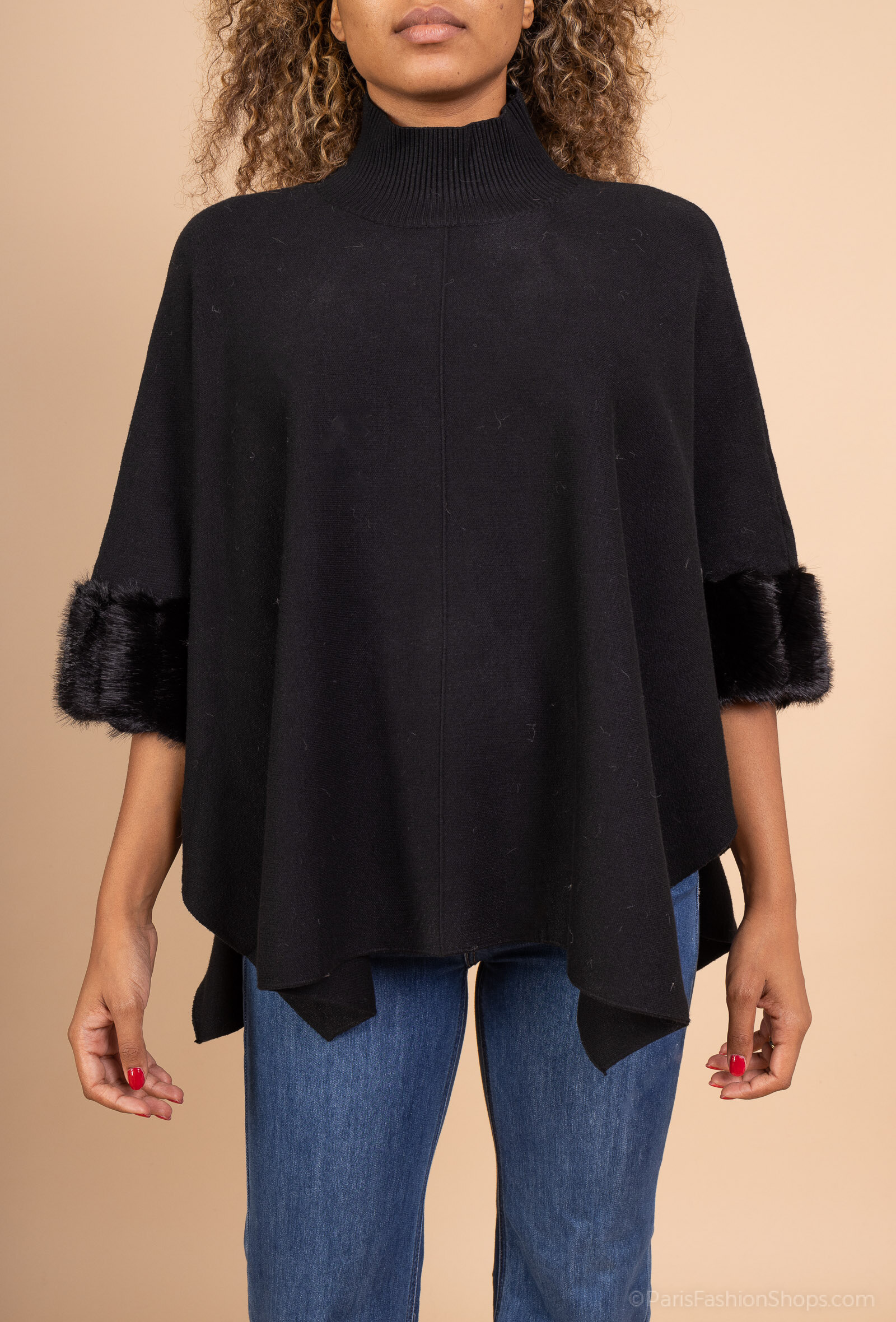 Grossista Dix-onze - maglione a collo alto con pelliccia sintetica di visone, effetto poncho