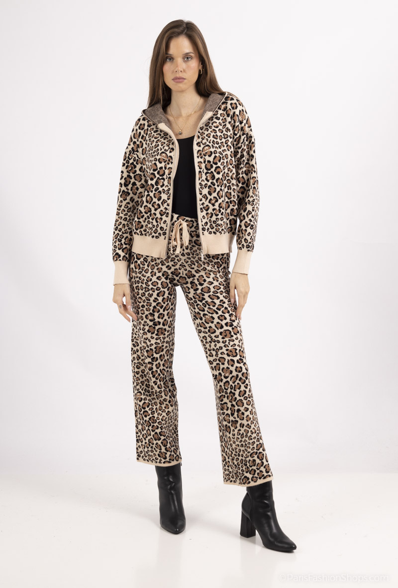 Mayorista Dix-onze - Conjunto leopardo con capucha, chaleco con cremallera y pantalón elástico, piernas anchas.