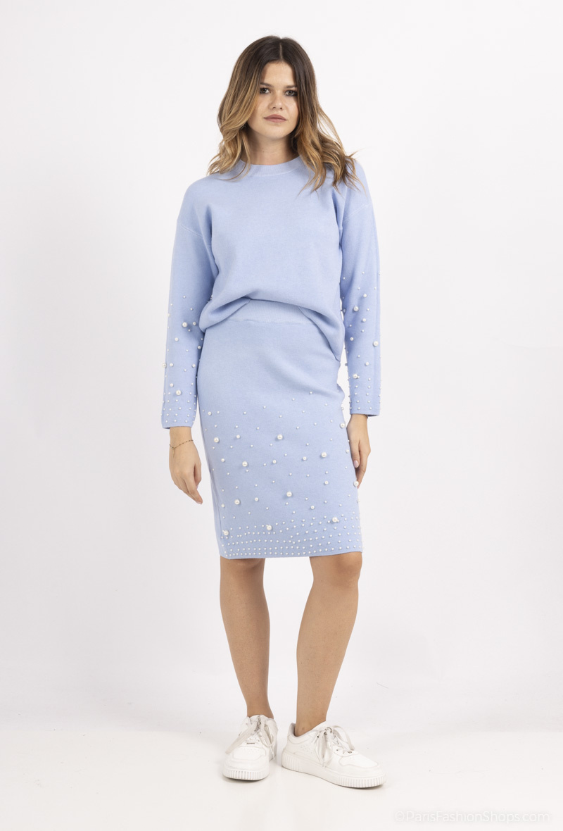 Wholesaler Dix-onze - elastic skirt set decorated with pearls + sweater decorated with pearls