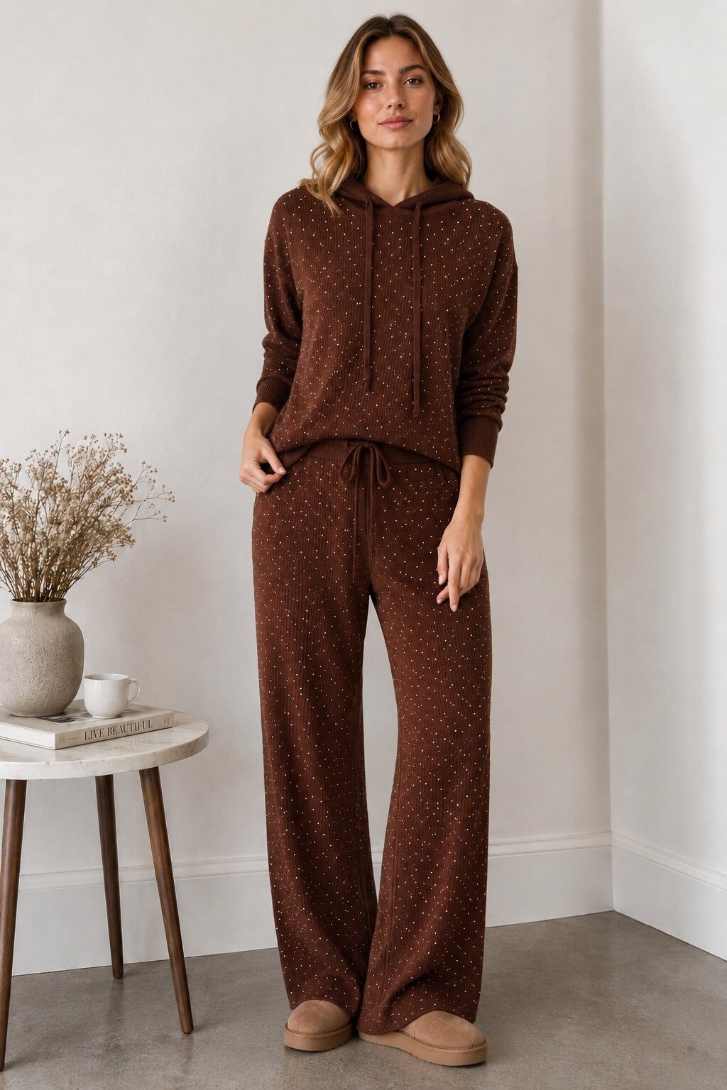 Wholesaler Dix-onze - Hooded sweater and rhinestone wide-leg trousers set