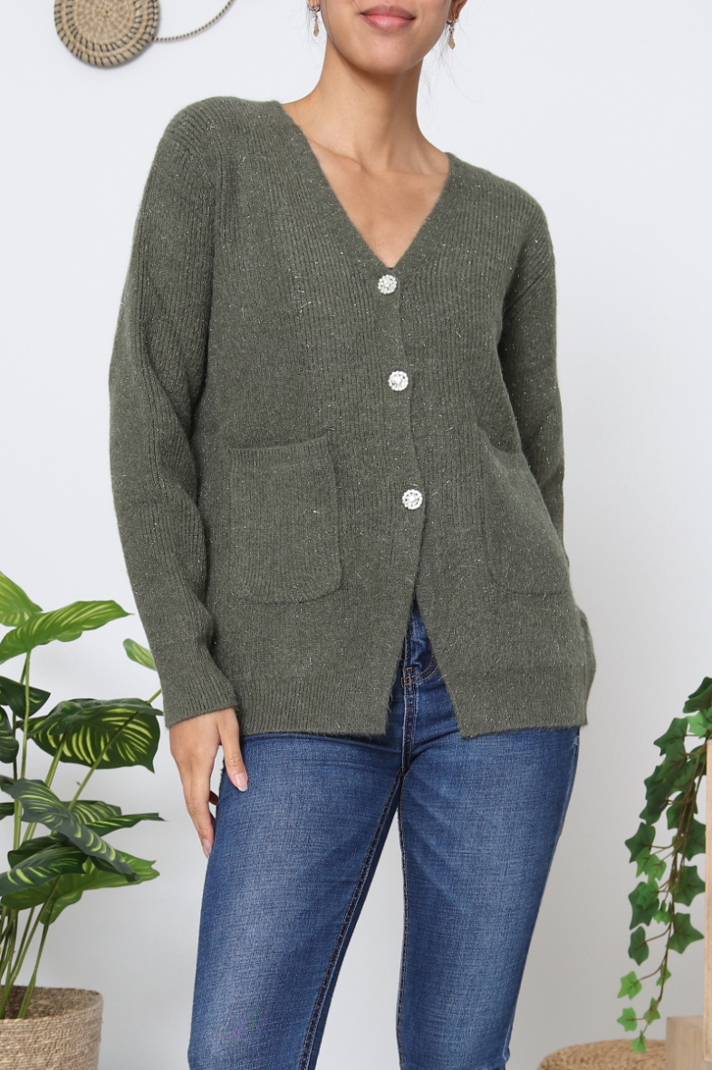 Wholesaler Dix-onze - Thick shiny knit vest 2 pockets and diamond buttons