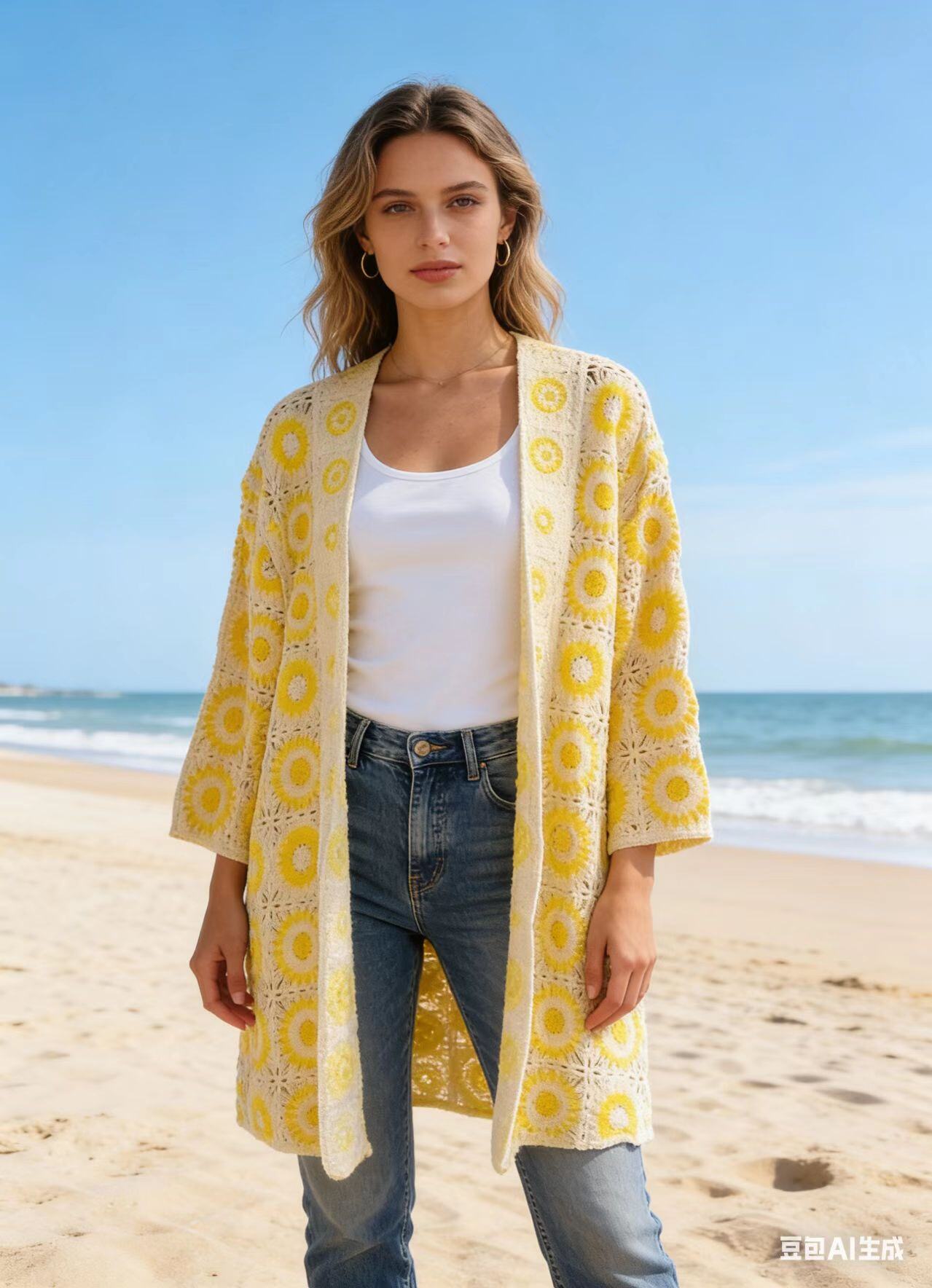 Großhändler Dix-onze - Langer Häkel-Cardigan mit Blumenmuster
