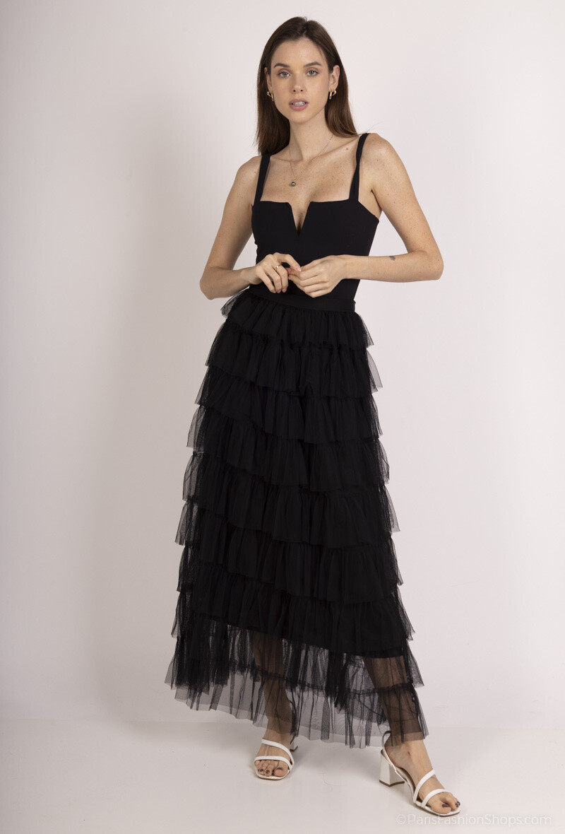 Grossista Dix-onze - Gonna in tulle a vita alta con applicazione di tulle e cintura elastica