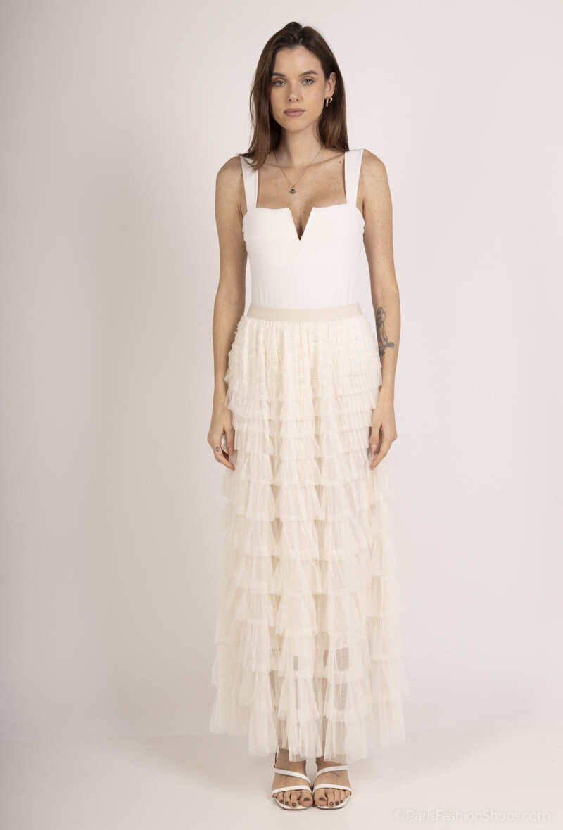 Grossista Dix-onze - Gonna in tulle a vita alta con applicazione di tulle e cintura elastica