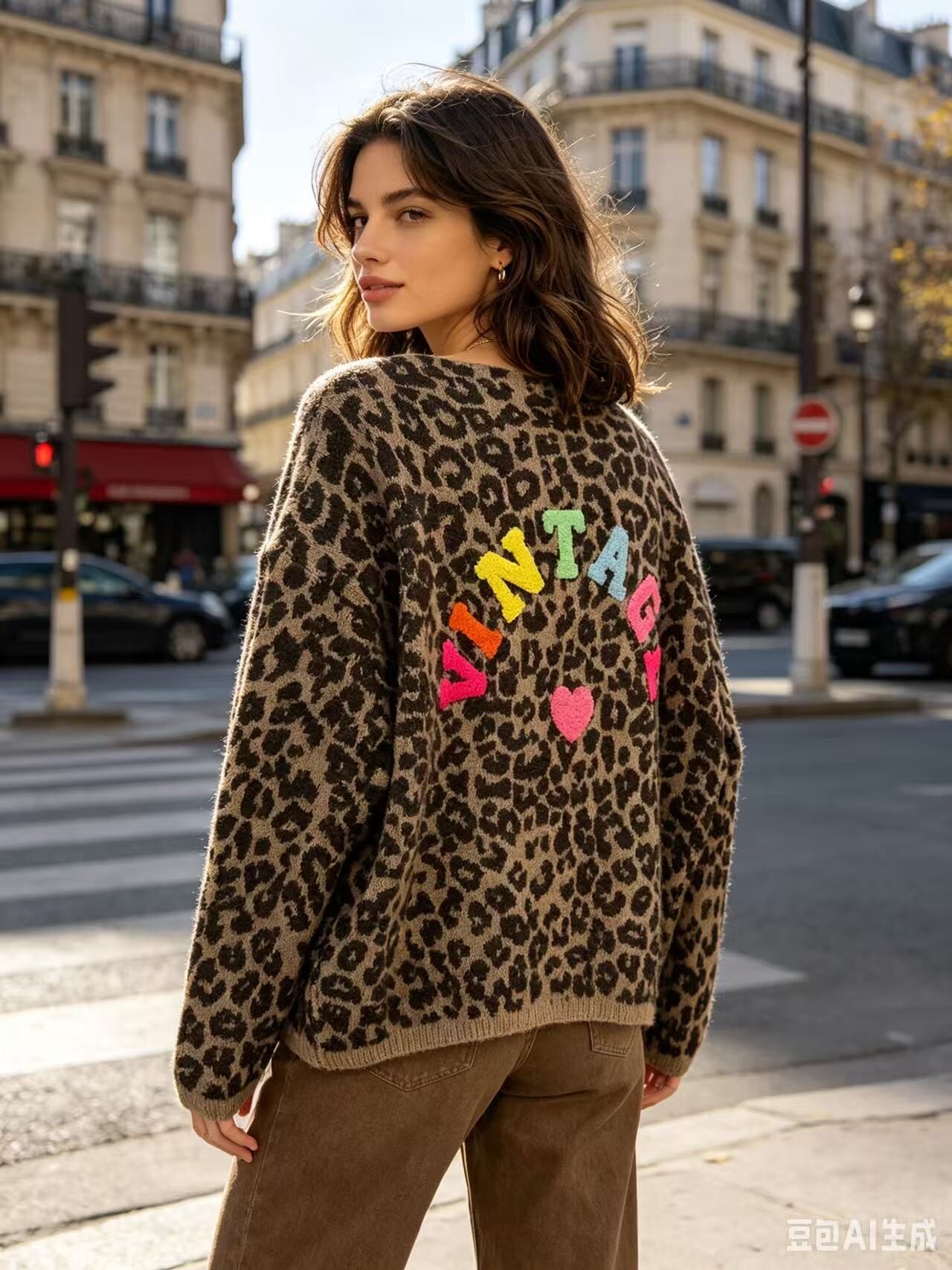 Wholesaler Dix-onze - Soft leopard-print sweater with VINTAGE embroidery on the back