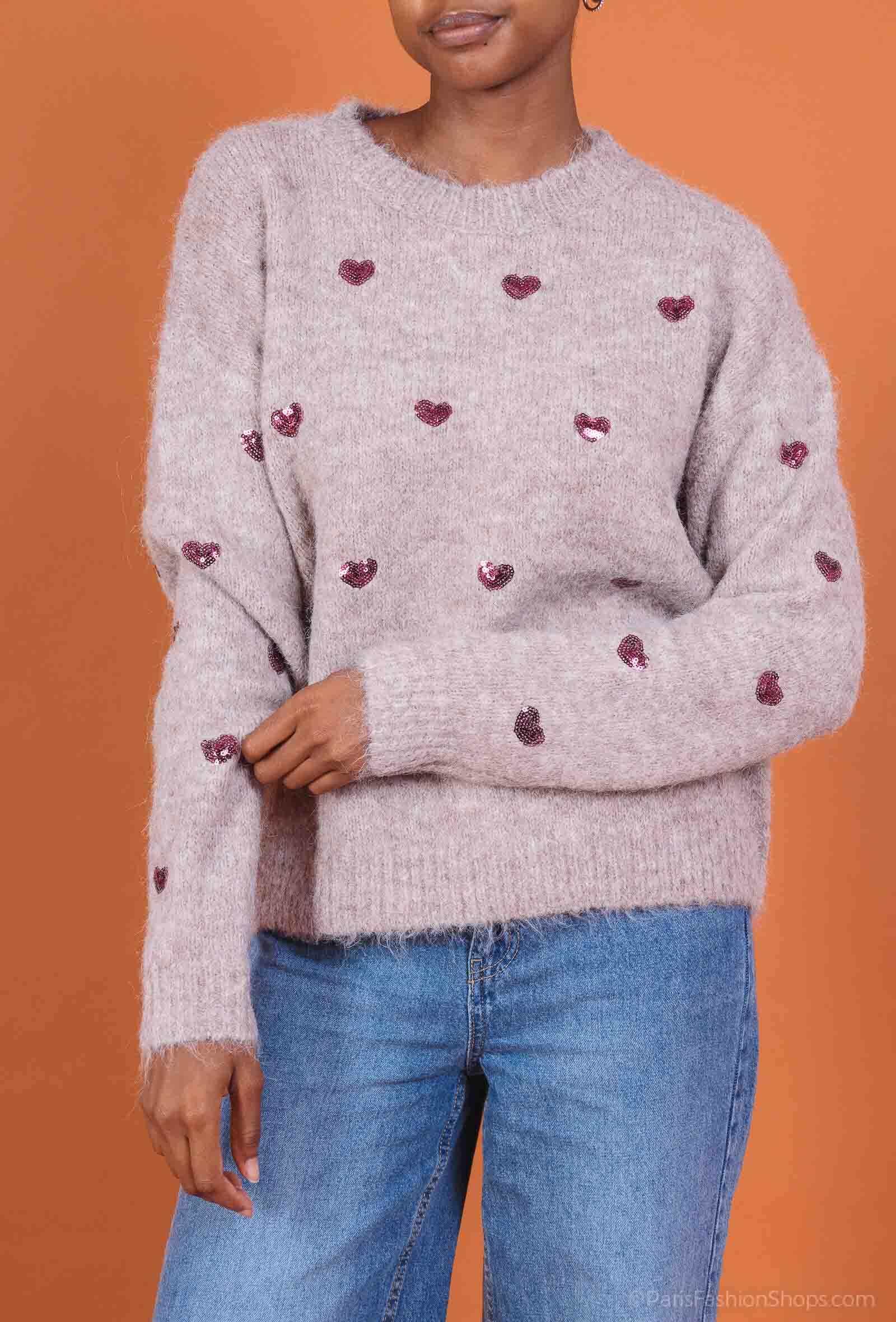 Wholesaler Dix-onze - Crew neck sweater adorned with small sequin hearts