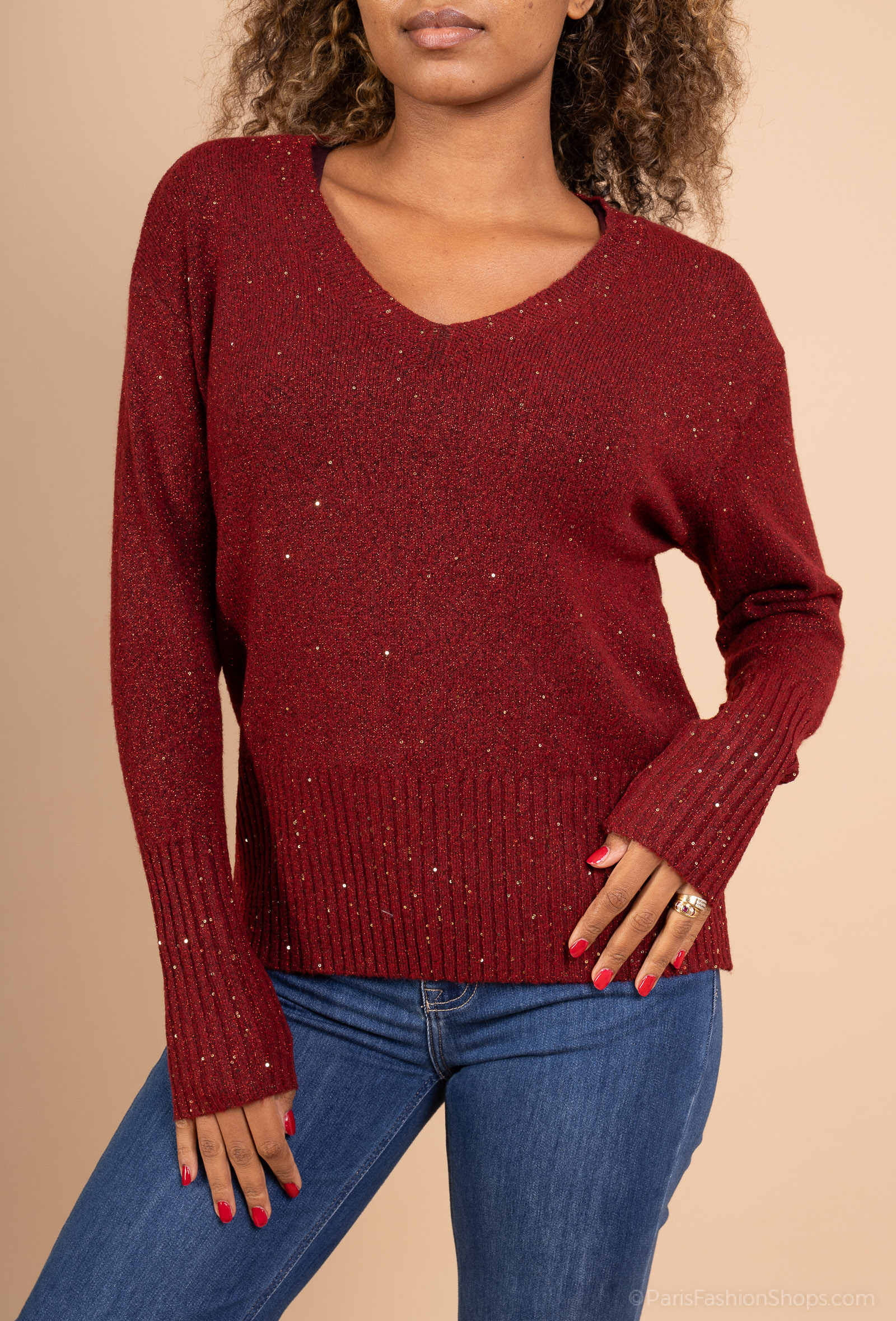 Wholesaler Dix-onze - Shimmering V-neck knit sweater with stretch sequins