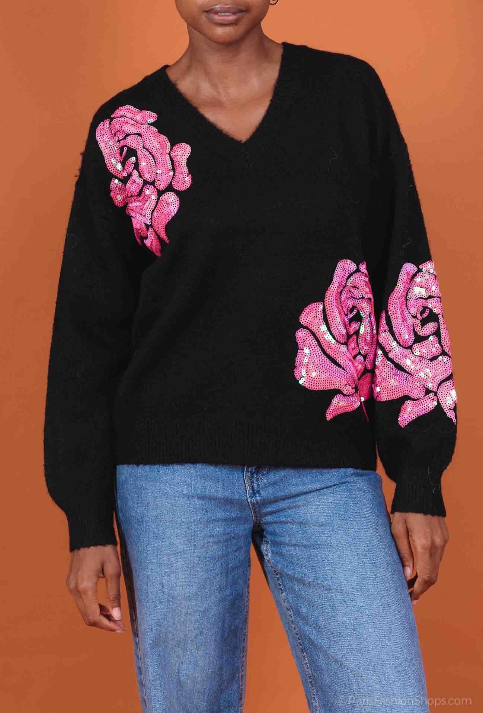 Wholesaler Dix-onze - V-neck sweater adorned with sequin flowers