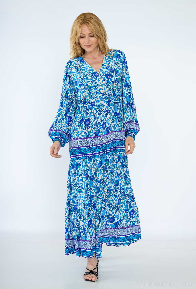 Mayorista Dix-onze - Vestido largo decorado con hilo dorado.