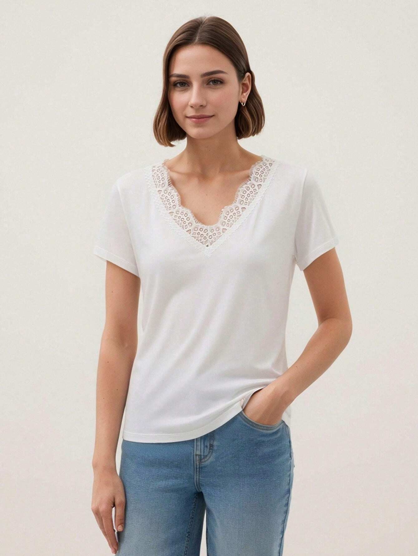 Mayorista DOREMI - Camiseta de cuello en V con encaje
