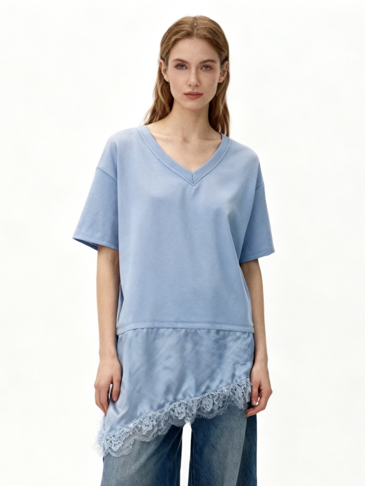 Grossista DOREMI - Maglietta interlock scollo a V combinato pizzo