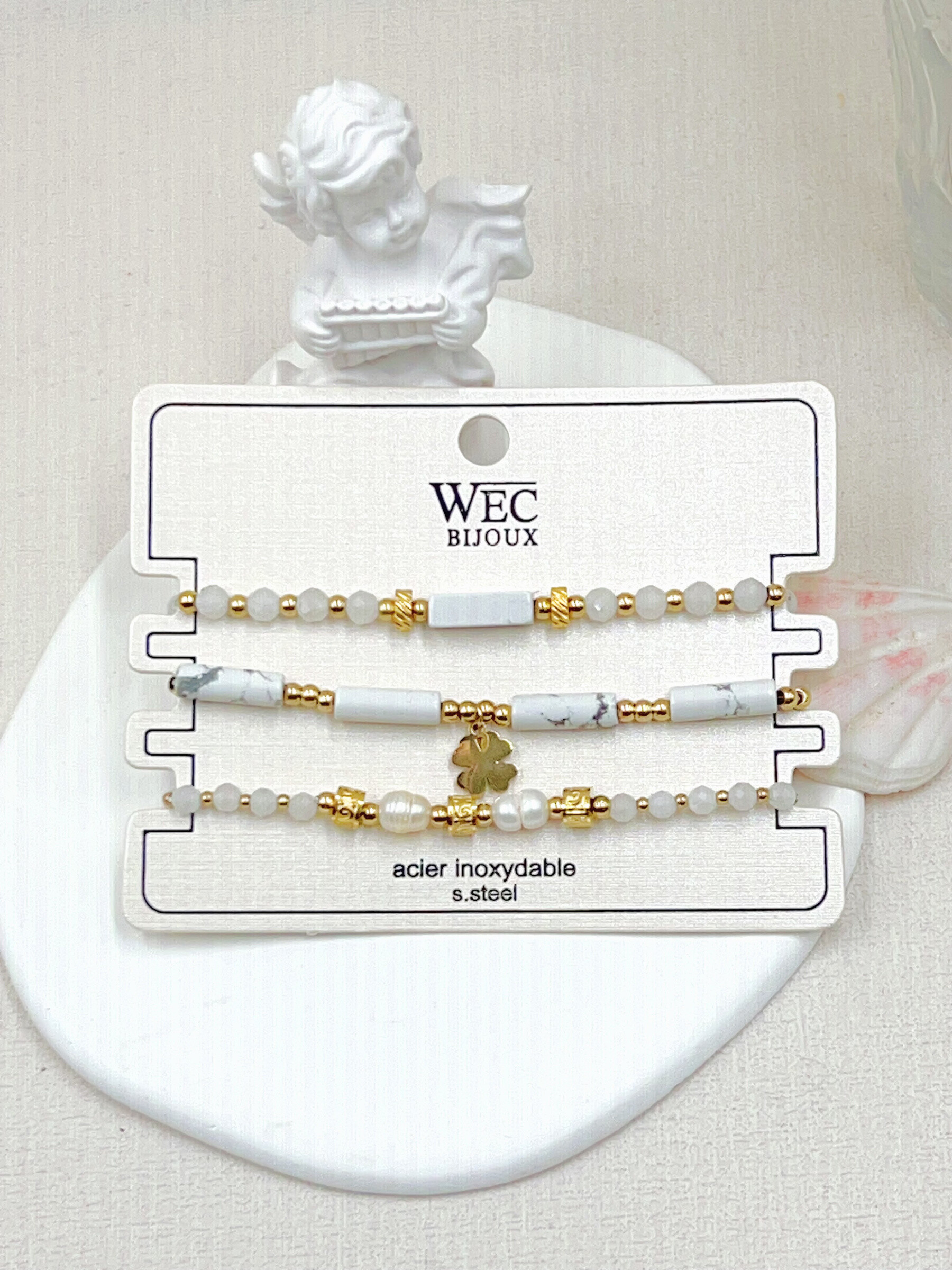 Grossiste WEC Bijoux - LOT DE 3 BRACELETS ELASTIQUE EN ACIER INOXYDABLE,PIERRE