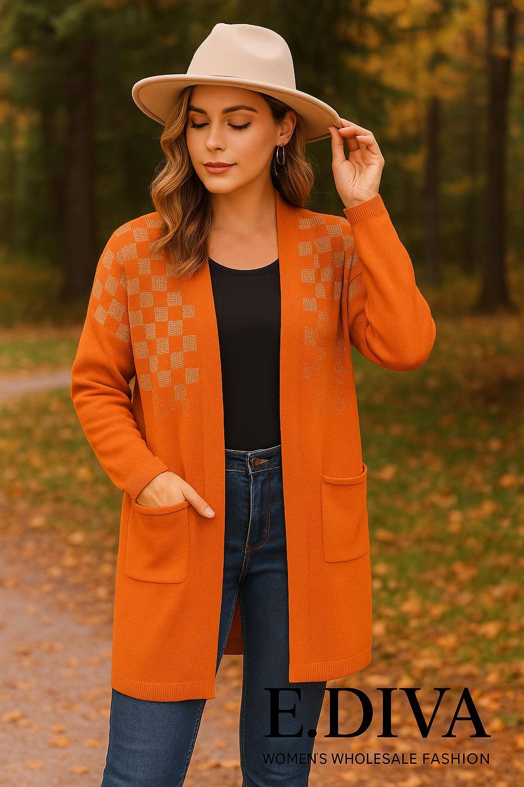 Wholesaler E.DIVA - Long soft knit cardigan with shiny checks and patch pockets