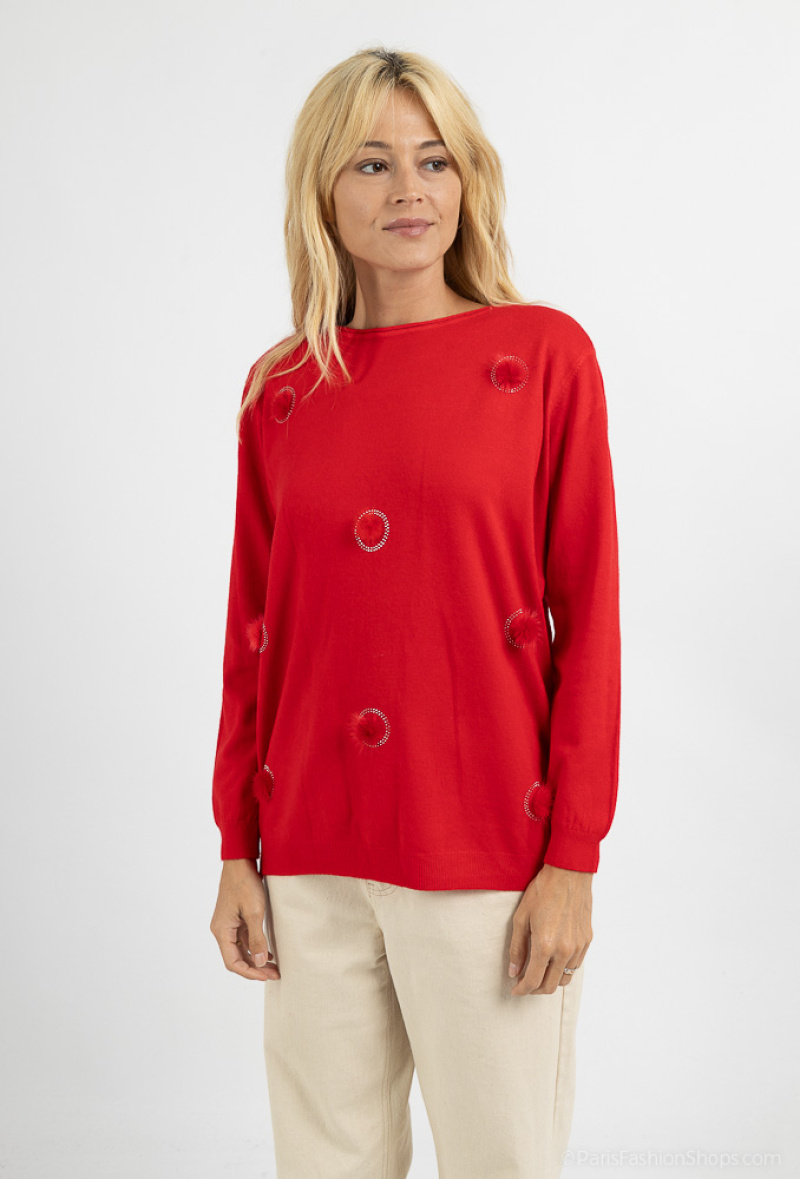 Wholesaler E.DIVA - Long sleeve sweater with rhinestones and pompom