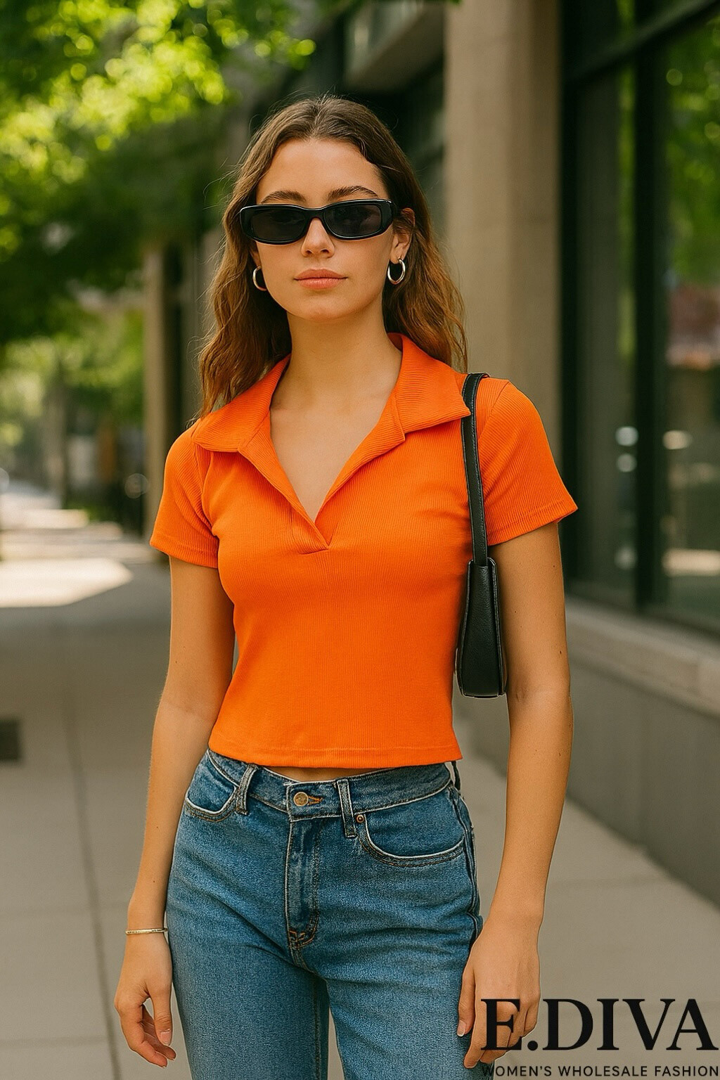 Wholesaler E.DIVA - Short ribbed knit polo with open collar retro style