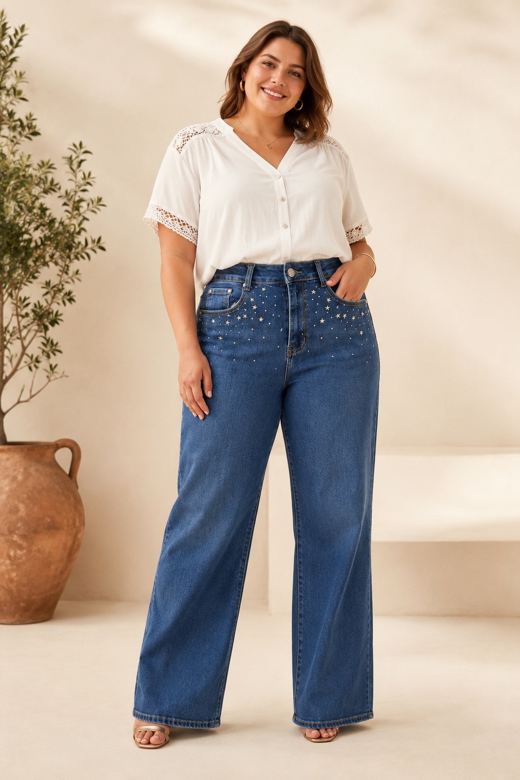 Mayorista E&F - JEANS DE PIERNA ANCHA CON DETALLE DE ESTRELLA EN LA PARTE SUPERIOR