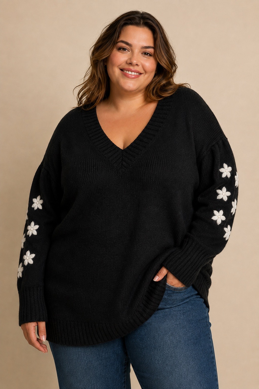 Wholesaler E&F - SOLID WOOL SWEATER WITH FLORAL SLEEVES