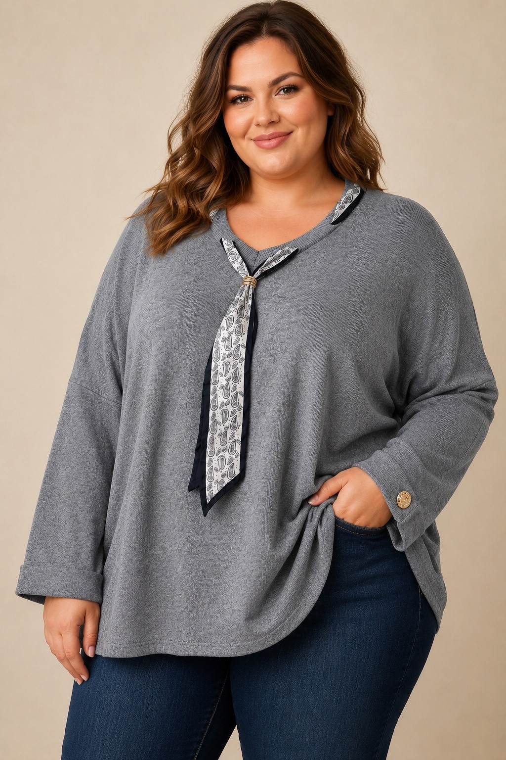 Grossiste E&F - PULL ROSE AVEC FOULARD