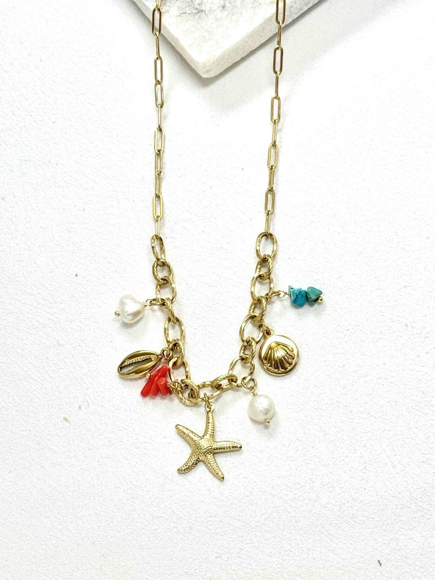 Grossiste Eclador Bijoux - Collier en acier Inoxydable avec des pendentifs en coquillages.