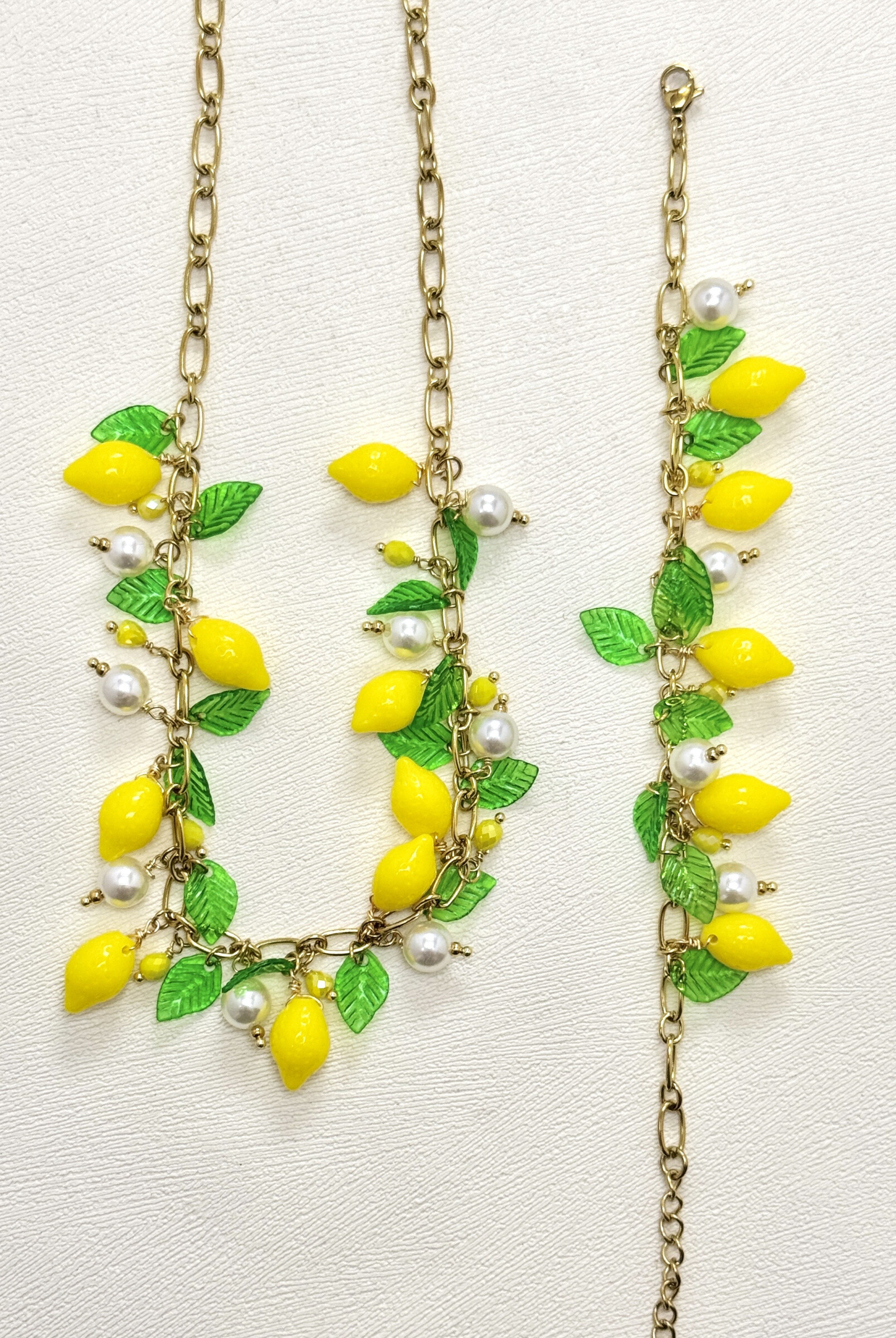 Grossiste Eclador Bijoux - Ensemble Collier Et Bracelet En Acier Inoxydable Citrons Feuilles Fleurs