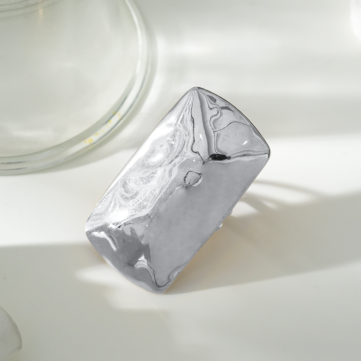 Wholesaler Eclat Paris - Adjustable Silver Ring Shiny Rectangular Plate