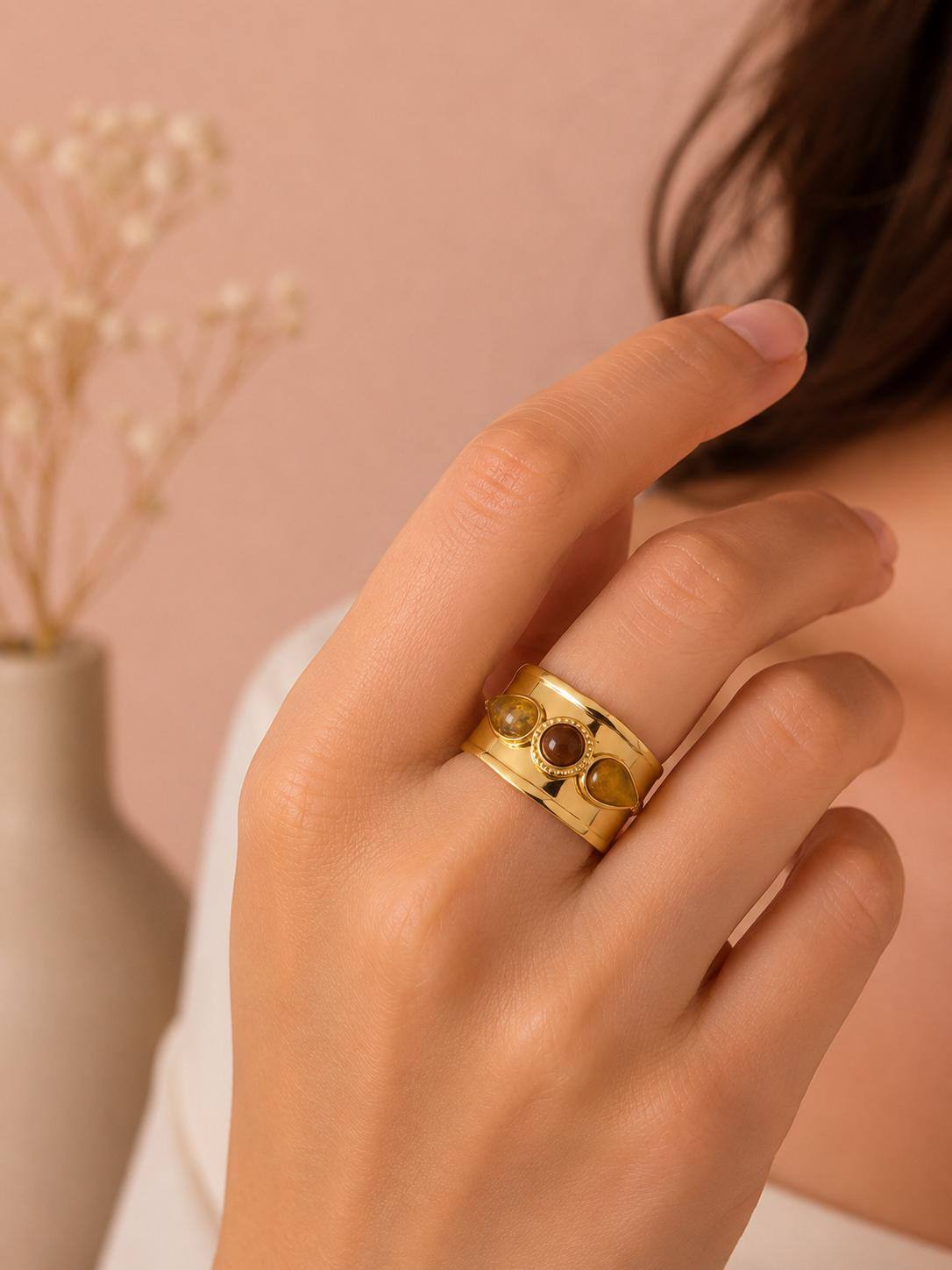 Grossiste Eclat Paris - Bague trois pierres œil de tigre ovales doré