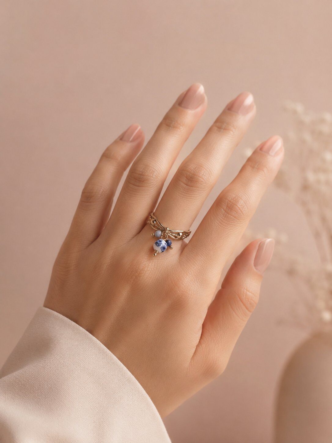 Wholesaler Eclat Paris - Adjustable gold ring with dangling blue porcelain pearl