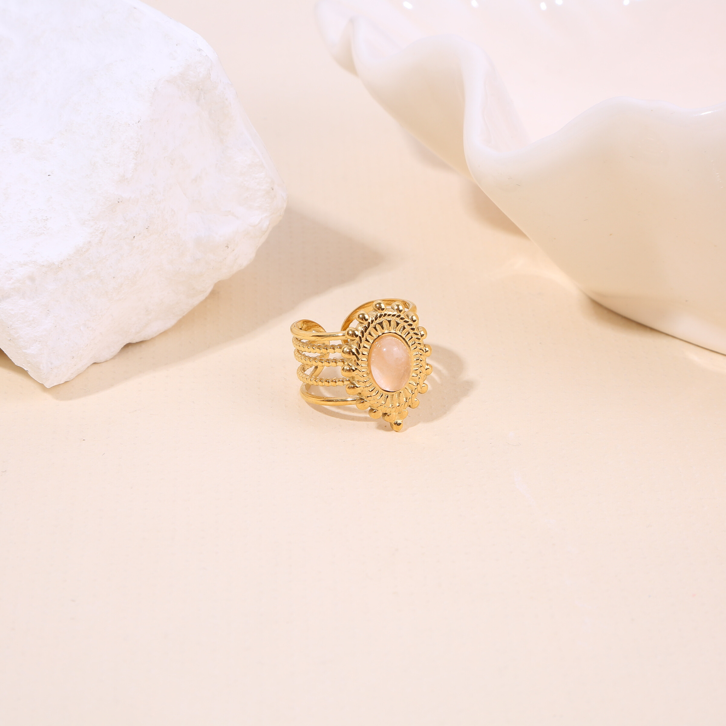 Wholesaler Eclat Paris - Adjustable golden ring Multi -row rings with pink sun stone