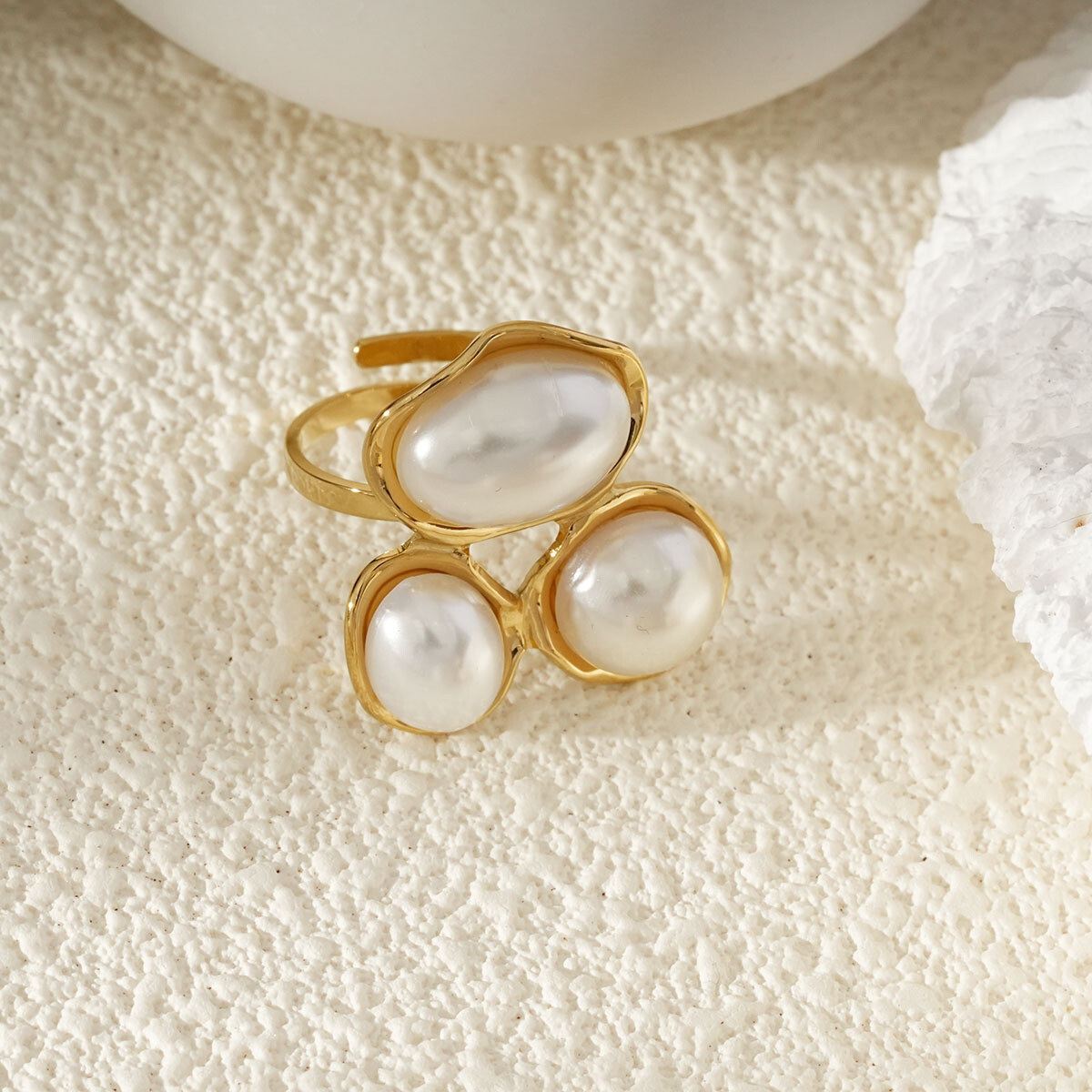 Großhändler Eclat Paris - Einstellbare goldene Ring -Trio von Barockperlen
