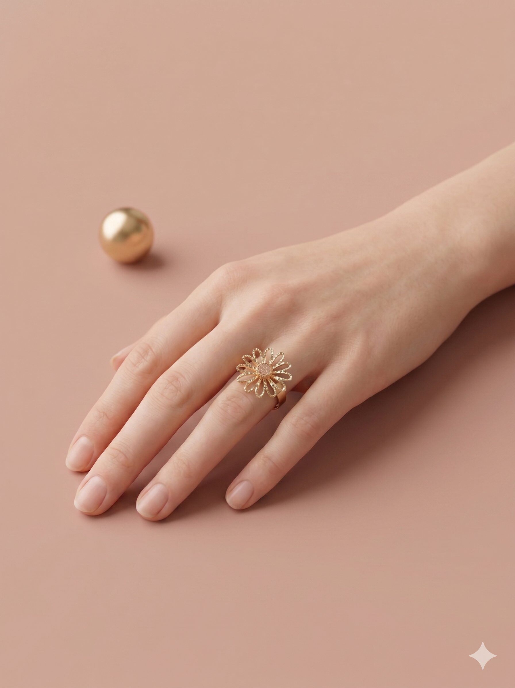 Grossiste Eclat Paris - Bague dorée ajustable marguerite ajourée pierre rose