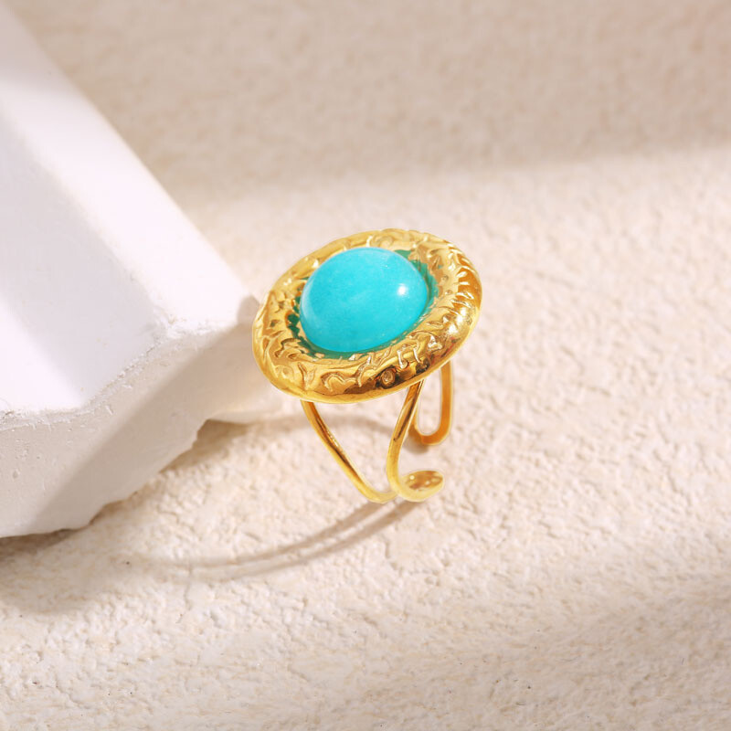 Wholesaler Eclat Paris - Adjustable golden ring circle textured surrounded with blue stone