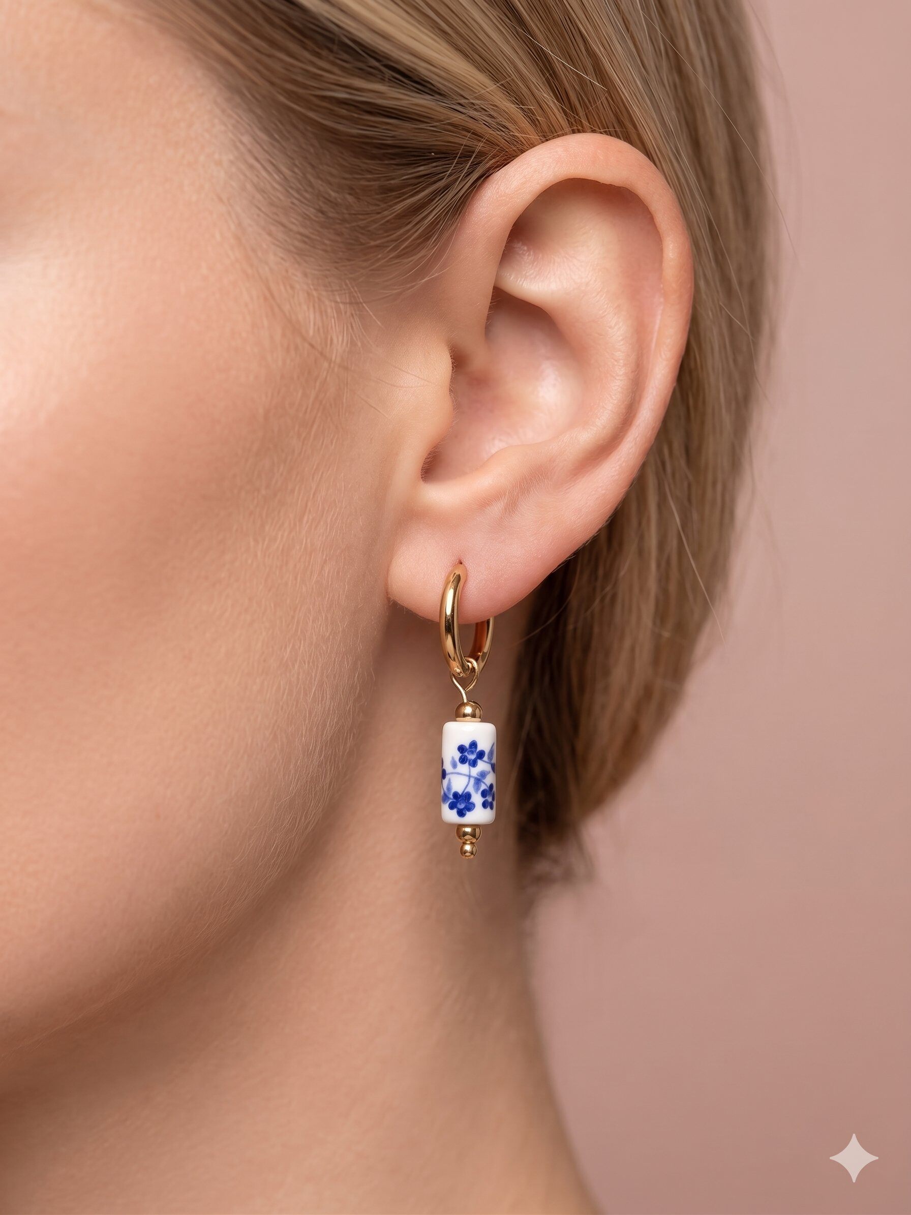 Wholesaler Eclat Paris - Golden hoop earrings with blue porcelain cylinders