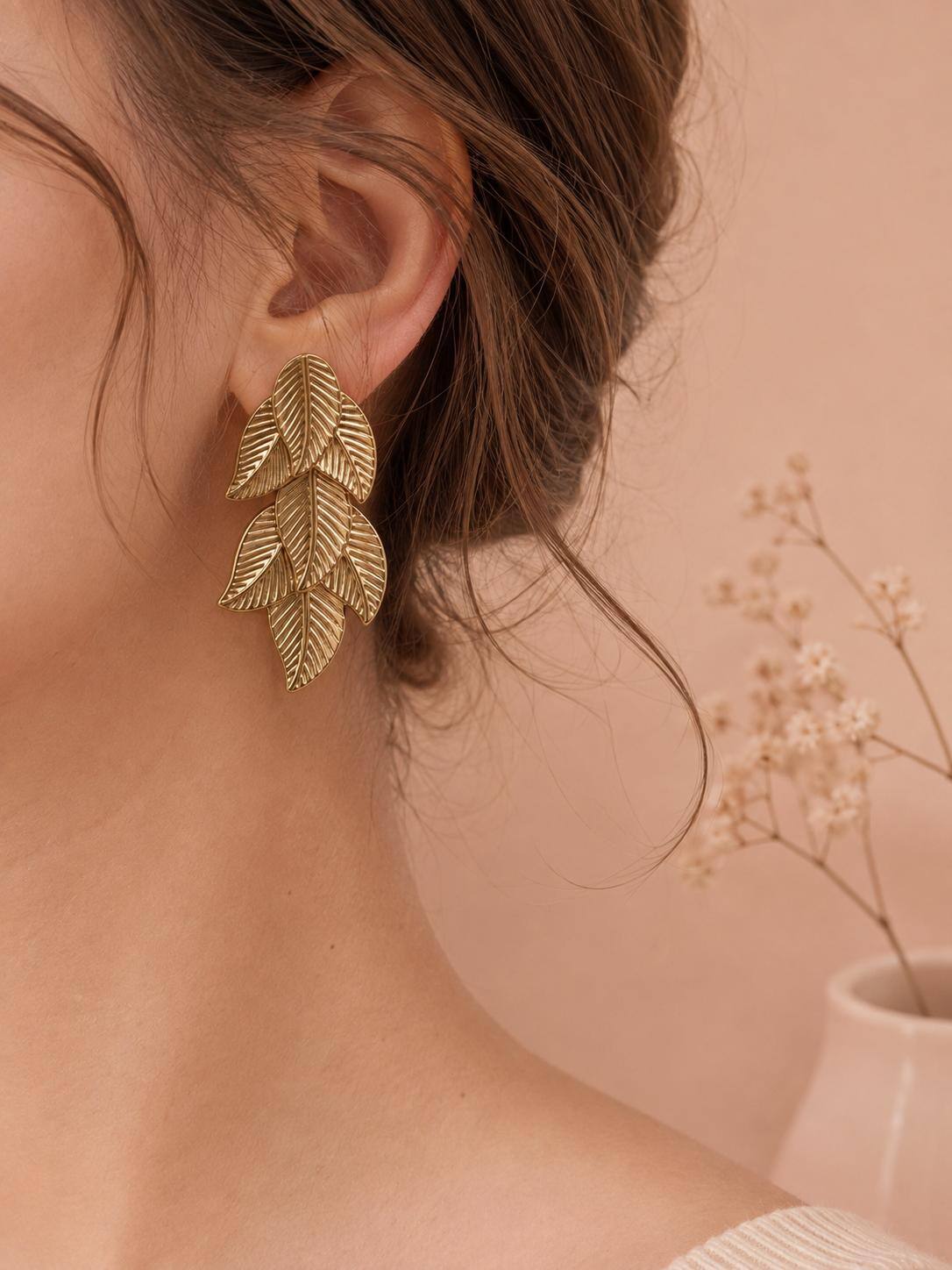 Grossiste Eclat Paris - Boucles d'oreilles feuilles tropicales superposées