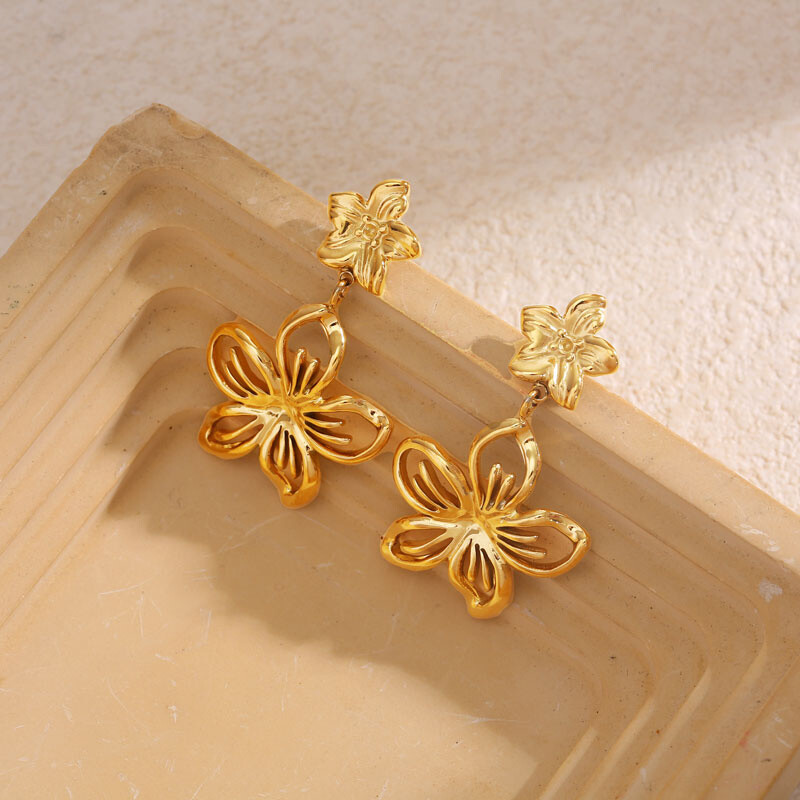 Wholesaler Eclat Paris - Double -flowed golden pendant earrings