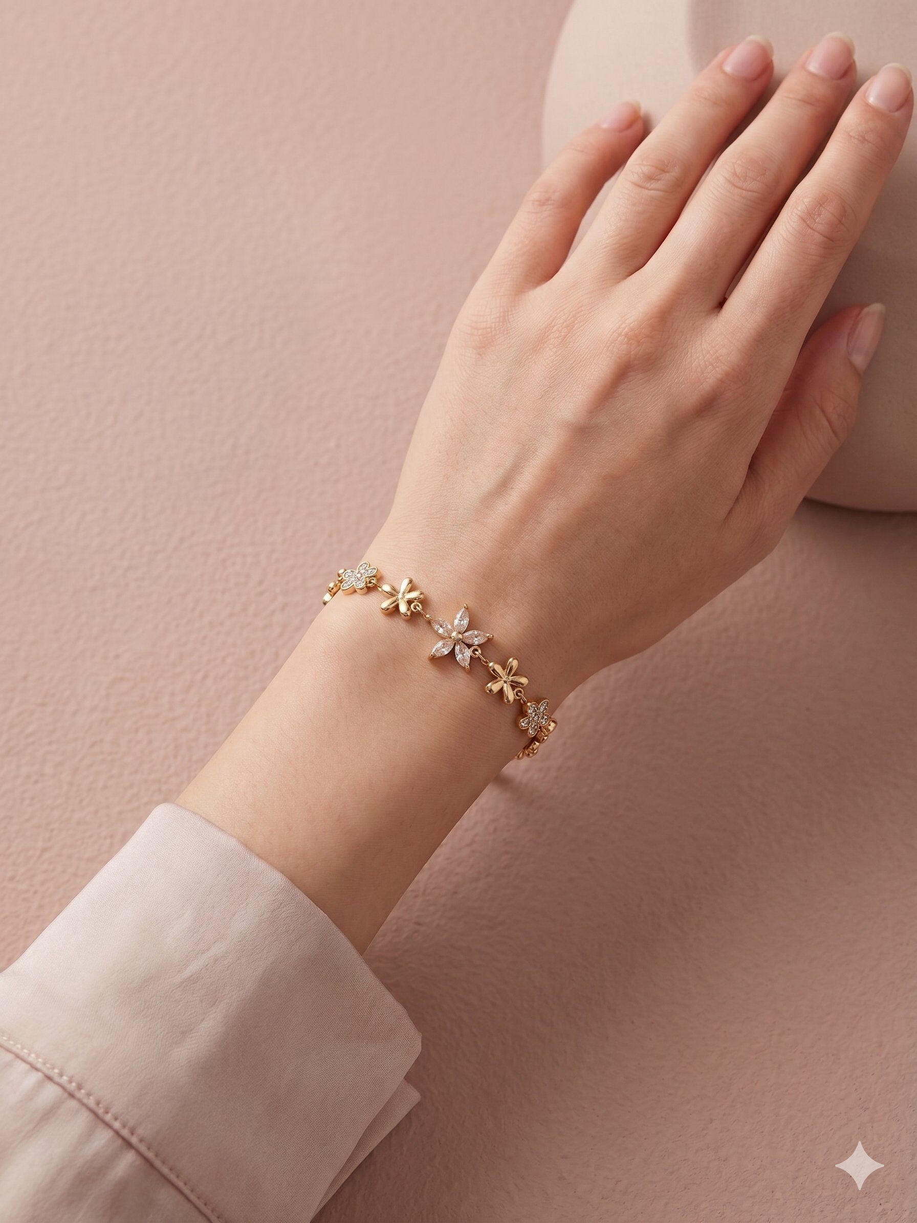 Grossista Eclat Paris - Bracciale dorato con fiori coordinati e strass scintillanti
