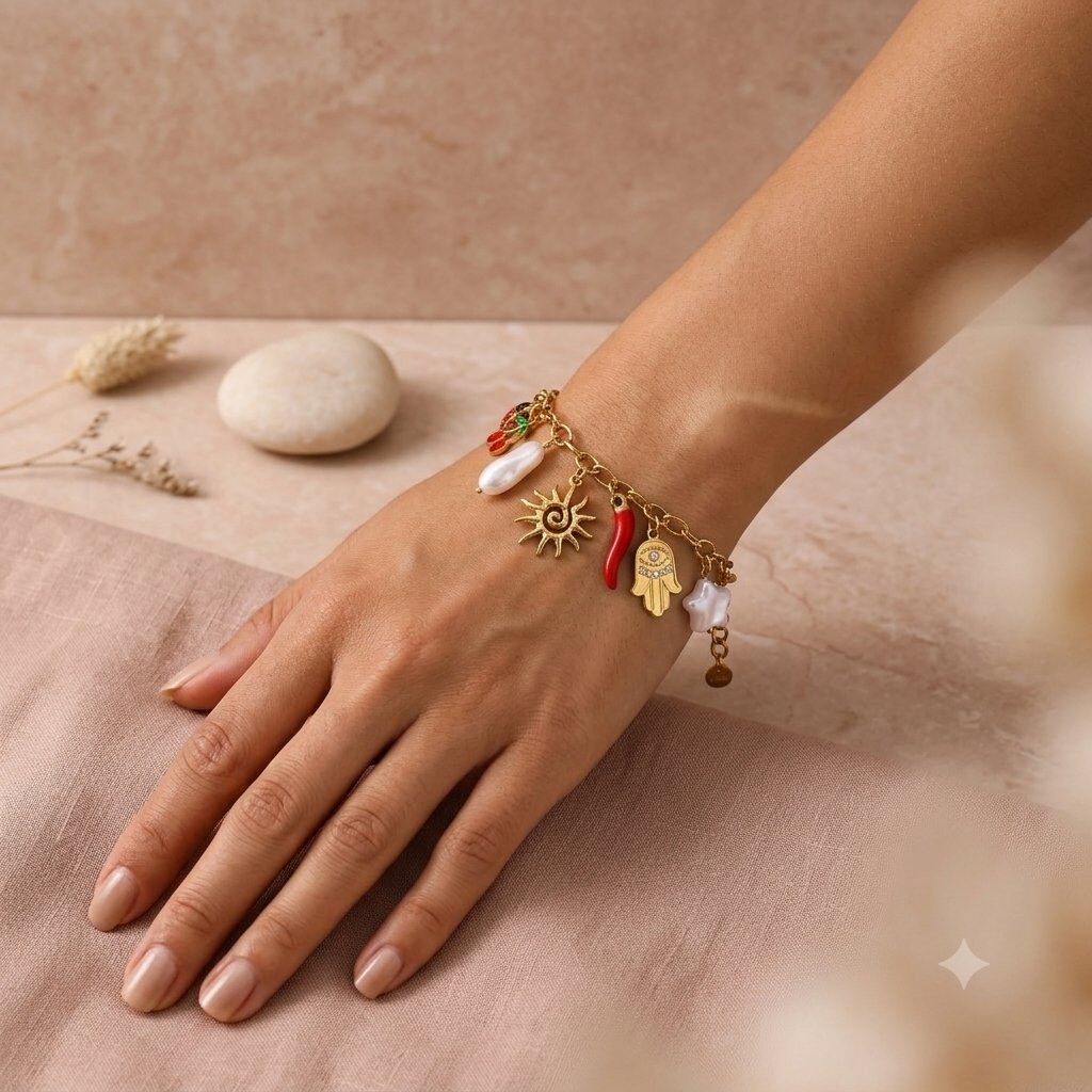 Mayorista Eclat Paris - Pulsera dorada con dijes de sol, chile rojo y cereza