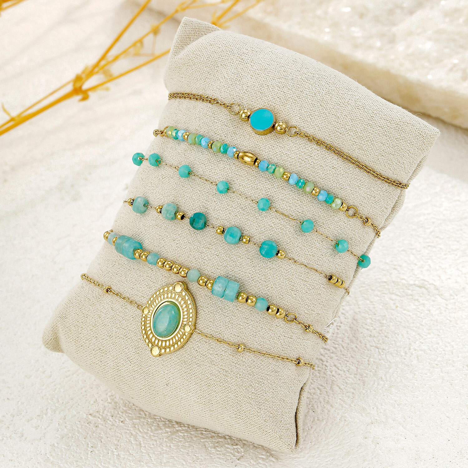 Großhändler Eclat Paris - Set aus 6 natürlichen Amazonit-Armbändern