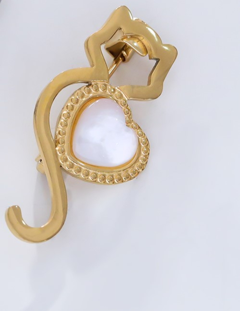 Mayorista Eclat Paris - Broche gatito dorado con corazón de acero inoxidable