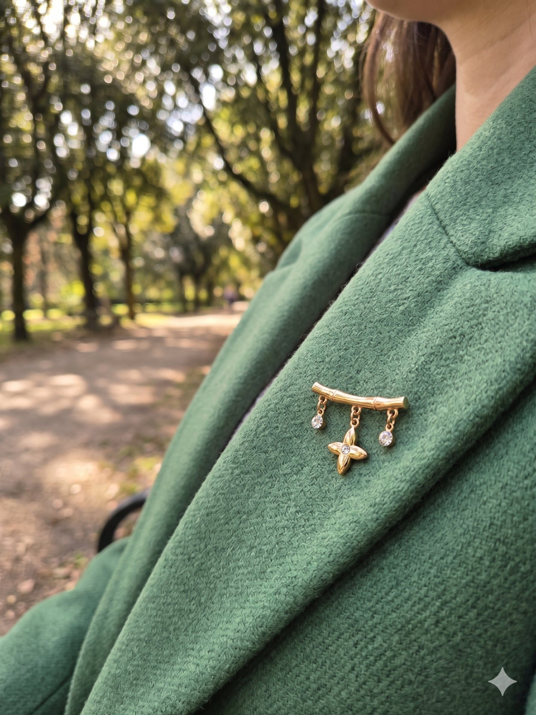 Mayorista Eclat Paris - Broche dorado con diseño de bambú, colgante de estrella y strass