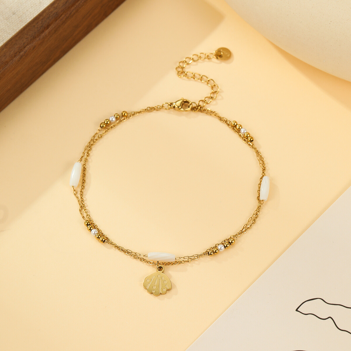 Wholesaler Eclat Paris - Double Gold Chain Anklet with Shell Pendant